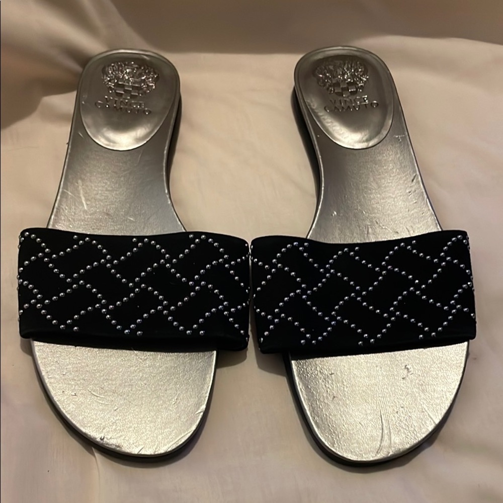 Vince Camuto Black and Silver Quilted Slide Sandals
